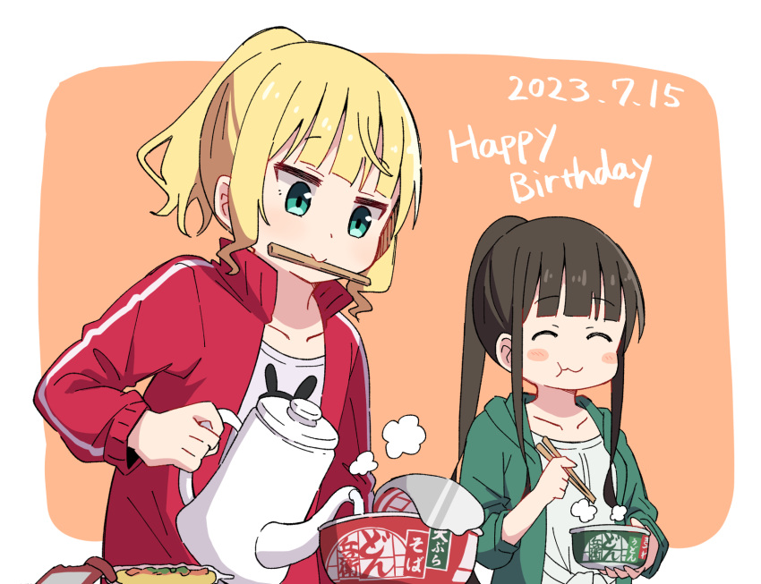 2girls animal_print aqua_eyes blonde_hair blunt_bangs blush_stickers border breasts brown_hair chopsticks closed_eyes closed_mouth collarbone commentary_request cup_ramen dated donbee_(food) eating food gochuumon_wa_usagi_desu_ka? green_jacket happy_birthday highres holding holding_chopsticks holding_kettle hood hooded_jacket instant_udon jacket kettle kirima_syaro long_hair long_sleeves looking_at_viewer mohei mouth_hold multiple_girls orange_background ponytail rabbit_print red_jacket shirt sidelocks simple_background small_breasts steam track_jacket ujimatsu_chiya upper_body white_border white_shirt