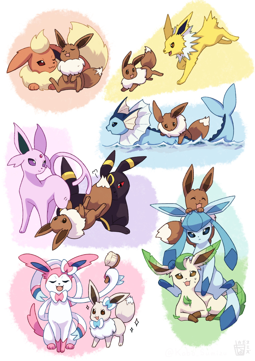 :d ^_^ absurdres alternate_color closed_eyes commentary_request eevee espeon fangs flareon glaceon highres holding holding_brush jolteon kabo_sumizu leafeon open_mouth pokemon pokemon_(creature) shiny_pokemon smile sparkle sylveon umbreon vaporeon