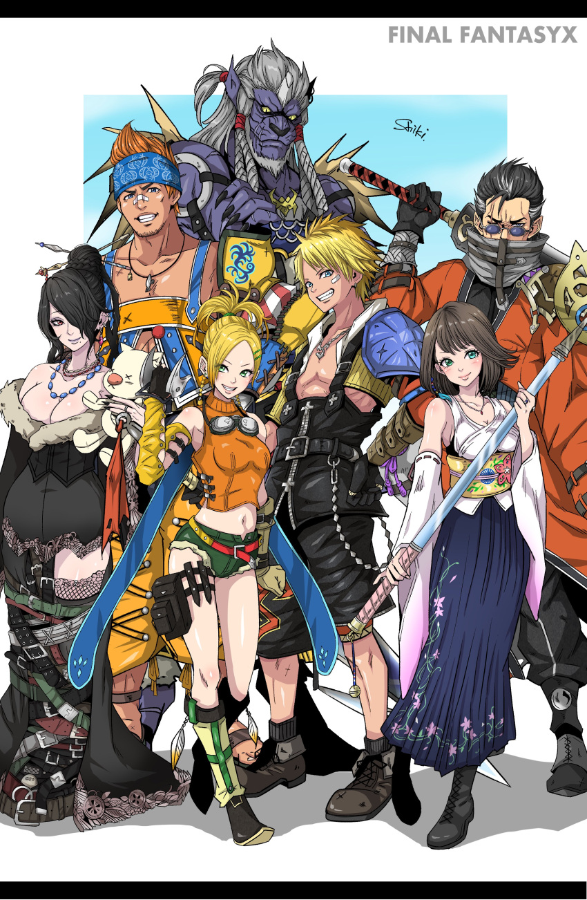 3girls 4boys absurdres anraku_cho auron ball black_hair blonde_hair blue_eyes blue_headband breasts broken_horn brown_hair cleavage closed_mouth detached_sleeves everyone final_fantasy final_fantasy_x full_body gloves green_eyes grey_hair hair_ornament hair_stick headband heterochromia highres horns japanese_clothes jewelry kimahri_ronso long_hair looking_at_viewer lulu_(ff10) medium_breasts mole mole_under_mouth multicolored_hair multiple_boys multiple_girls navel necklace red_eyes red_hair rikku_(ff10) short_hair single_horn skirt smile staff sunglasses sword tidus two-tone_hair wakka weapon white_background yuna_(ff10)