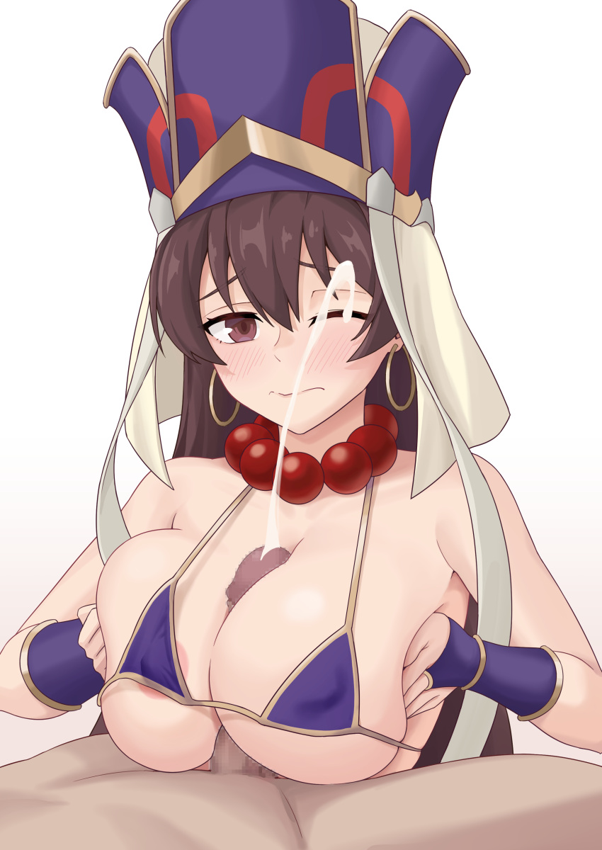 1boy 1girl absurdres areola_slip bead_necklace beads bikini blush breasts breasts_squeezed_together brown_eyes brown_hair censored closed_mouth covered_nipples cum earrings ejaculation fate/grand_order fate_(series) fingerless_gloves gloves hat hetero highres hoop_earrings jewelry large_breasts liu_han looking_at_viewer micro_bikini mosaic_censoring necklace one_eye_closed paizuri penis prayer_beads projectile_cum purple_bikini raised_eyebrows swimsuit variant_set wavy_mouth xuangzang_sanzang_(fate)