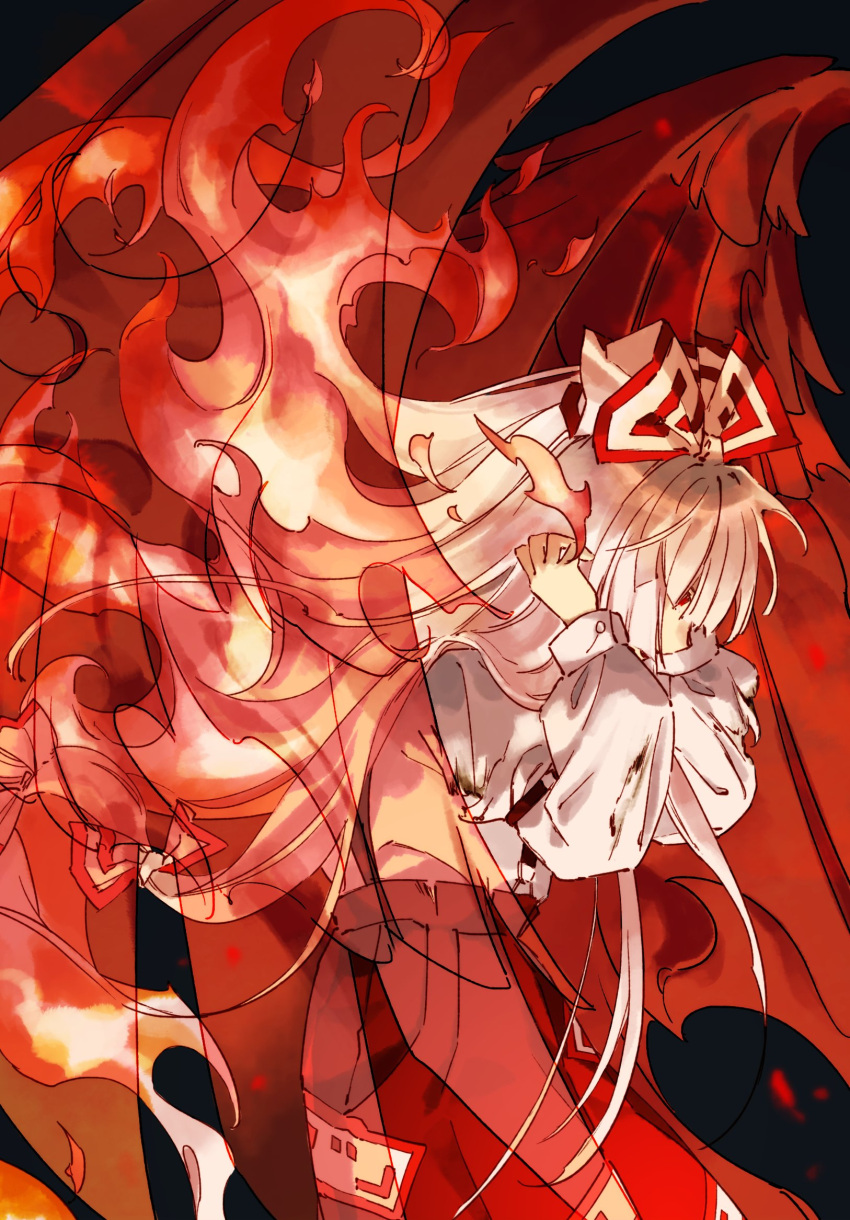 1girl black_background blunt_bangs bow commentary fire from_side frown fujiwara_no_mokou hair_bow hair_lift hands_on_own_head highres kaigen_1025 long_bangs long_hair long_sleeves ofuda ofuda_on_clothes pants parted_lips phoenix_wings puffy_long_sleeves puffy_pants puffy_sleeves pyrokinesis red_eyes red_pants red_trim red_wings shirt sidelocks solo straight_hair suspenders touhou very_long_hair white_bow white_hair white_shirt wings
