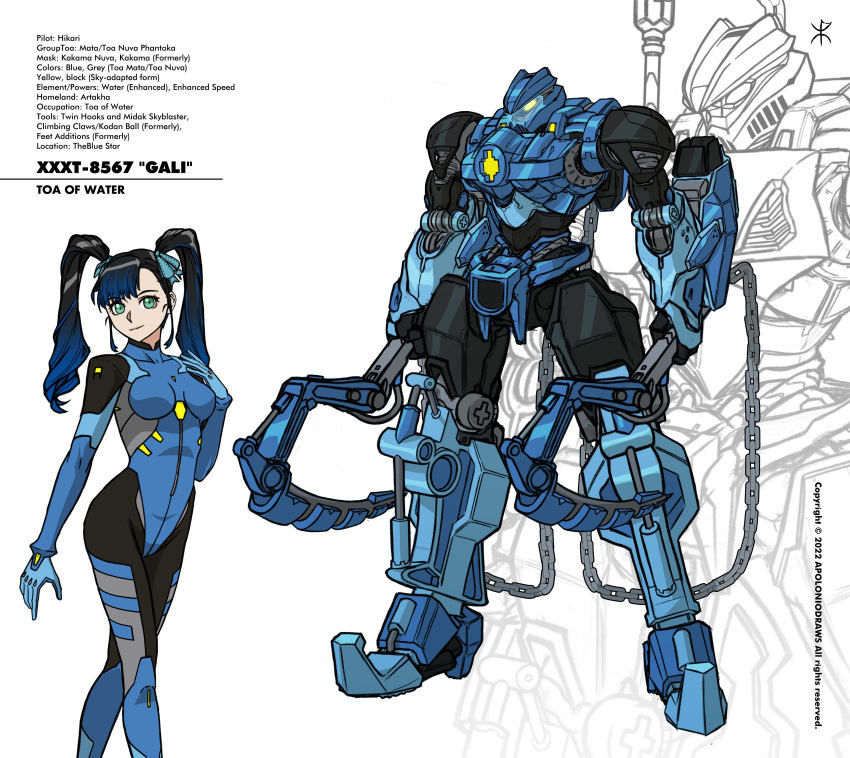 1girl absurdres apoloniodraws artist_name assault_visor bangs bionicle black_bodysuit blue_bodysuit blue_gloves blue_ribbon bodysuit breasts chain character_name dual_wielding gali_(bionicle) gloves glowing glowing_eye gradient_hair green_eyes hair_behind_ear hair_ribbon hand_on_own_shoulder head_tilt highres holding holding_weapon long_hair looking_at_viewer mecha mechanization medium_breasts multicolored_bodysuit multicolored_clothes multicolored_hair open_hand original pilot_suit ribbon robot smile the_lego_group twintails walking weapon yellow_eyes
