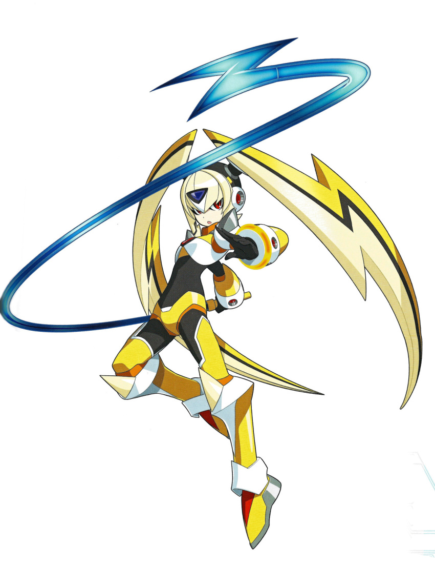 1girl android armor artist_request blonde_hair bodystocking boots breasts chest_jewel codpiece electricity energy_weapon forehead_jewel gauntlets gloves highres holding holding_weapon holding_whip long_hair mega_man_(series) mega_man_x_(series) oro_s shoulder_armor small_breasts weapon white_background