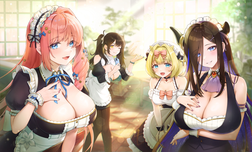 4girls :d absurdres apron arm_strap arm_under_breasts ascot bare_shoulders black_bow black_dress black_horns black_pantyhose black_skirt black_vest blonde_hair blue_bow blue_eyes blue_hair blue_nails blue_ribbon blush bow breast_hold breasts broken_horn brown_dust_2 brown_hair cellphone cleavage cleavage_cutout closed_mouth clothing_cutout collared_dress colored_inner_hair commentary_request detached_sleeves dress drill_hair eyes_visible_through_hair fang flower frilled_apron frilled_sleeves frills gem hair_bow hair_flower hair_intakes hair_ornament hair_over_one_eye hair_ribbon hand_on_own_chest hands_up hat hat_bow highres holding holding_phone holding_tray horn_ornament horns huge_breasts large_breasts long_hair looking_at_viewer maid_headdress medium_breasts medium_hair mob_cap multicolored_hair multiple_girls multiple_hair_bows nail_polish neck_ribbon noixen one_eye_closed open_mouth pantyhose phone pink_bow pink_hair puffy_short_sleeves puffy_sleeves purple_ascot purple_ribbon red_gemstone ribbon short_hair short_sleeves shoulder_cutout skirt smartphone smile standing tray twintails two-tone_hair upper_body vest waist_apron watch white_apron white_bow white_headwear white_ribbon wrist_cuffs wristwatch x_hair_ornament yellow_eyes yellow_nails