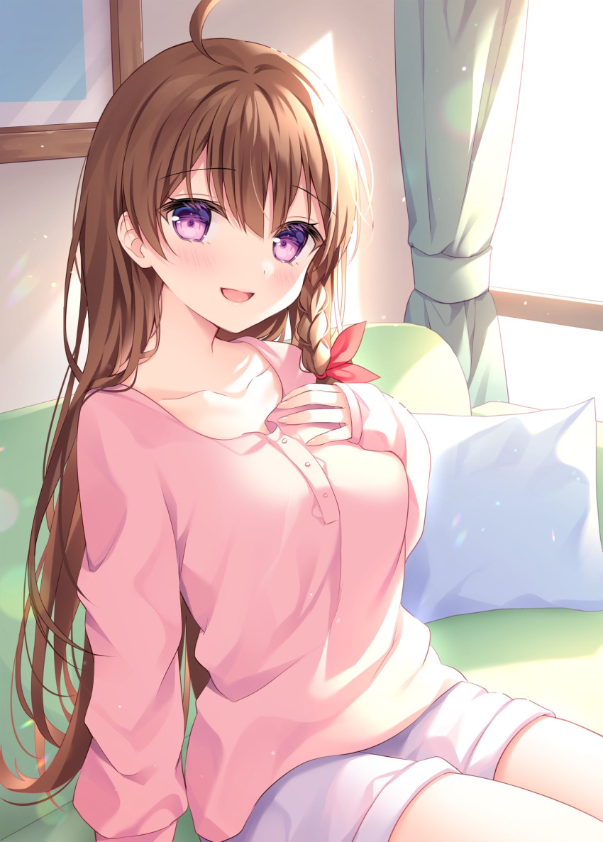 1girl :d ahoge blush braid breasts brown_hair commentary_request couch curtains day hair_between_eyes hair_ribbon hand_up highres hokenshitsu_no_otona_na_senpai_ore_no_mae_deha_sugu_dereru indoors long_hair looking_at_viewer medium_breasts official_art on_couch pillow pink_shirt purple_eyes red_ribbon ribbon second-party_source shikitani_asuka shirase_yuzuki shirt short_shorts shorts single_braid sitting smile solo sunlight twitter_username very_long_hair white_shorts window