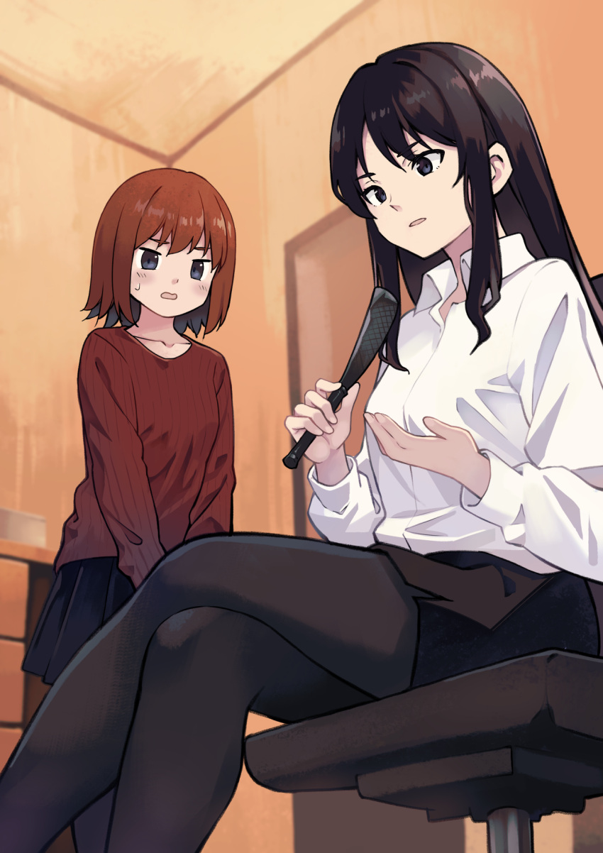 2girls akatsuki_miho akemiho_tabi_nikki black_eyes black_skirt black_thighhighs blush bob_cut breasts brown_hair ceiling chair crossed_legs doorway dress_shirt gendai_ninjakko_zukan highres holding indoors kiryu_takako kouno_hikaru long_hair long_sleeves looking_ahead looking_at_another medium_breasts miniskirt multiple_girls office_chair open_mouth original parted_lips pencil_skirt pleated_skirt red_sweater ribbed_sweater shirt short_hair sitting skirt standing sweatdrop sweater swivel_chair thighhighs white_shirt