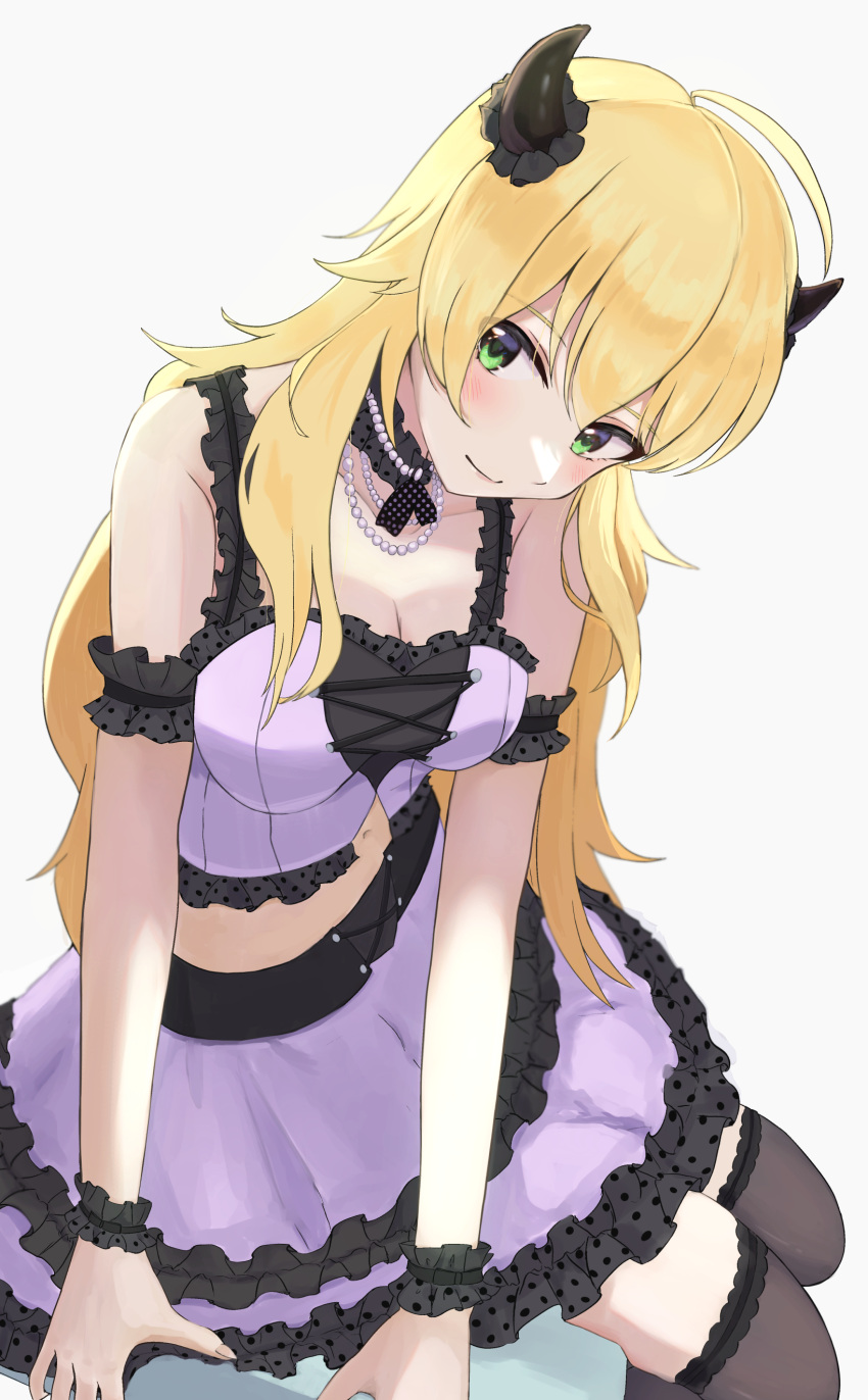 1girl absurdres ahoge arm_scrunchie bare_shoulders black_choker black_scrunchie black_thighhighs blonde_hair blush breasts choker cleavage closed_mouth collarbone crop_top cropped_shirt demon_horns fake_horns frilled_shirt frilled_skirt frills from_side green_eyes highres horns hoshii_miki hoshiinao idolmaster idolmaster_(classic) idolmaster_million_live! idolmaster_million_live!_theater_days jewelry layered_sleeves long_hair looking_at_viewer medium_breasts multiple_necklaces navel necklace pearl_necklace purple_shirt purple_skirt scrunchie shirt simple_background sitting skirt sleeveless sleeveless_shirt smile solo thighhighs white_background wrist_scrunchie