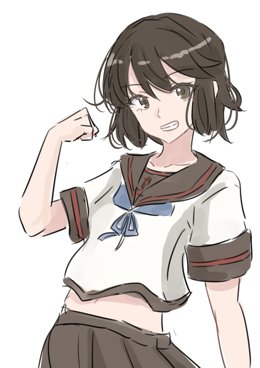 1girl absurdres black_hair black_sailor_collar black_skirt brown_eyes flexing grin highres kantai_collection ken_(shutenndouji1) looking_at_viewer miyuki_(kancolle) pleated_skirt sailor_collar sailor_shirt shirt short_hair simple_background skirt smile solo upper_body white_background white_shirt