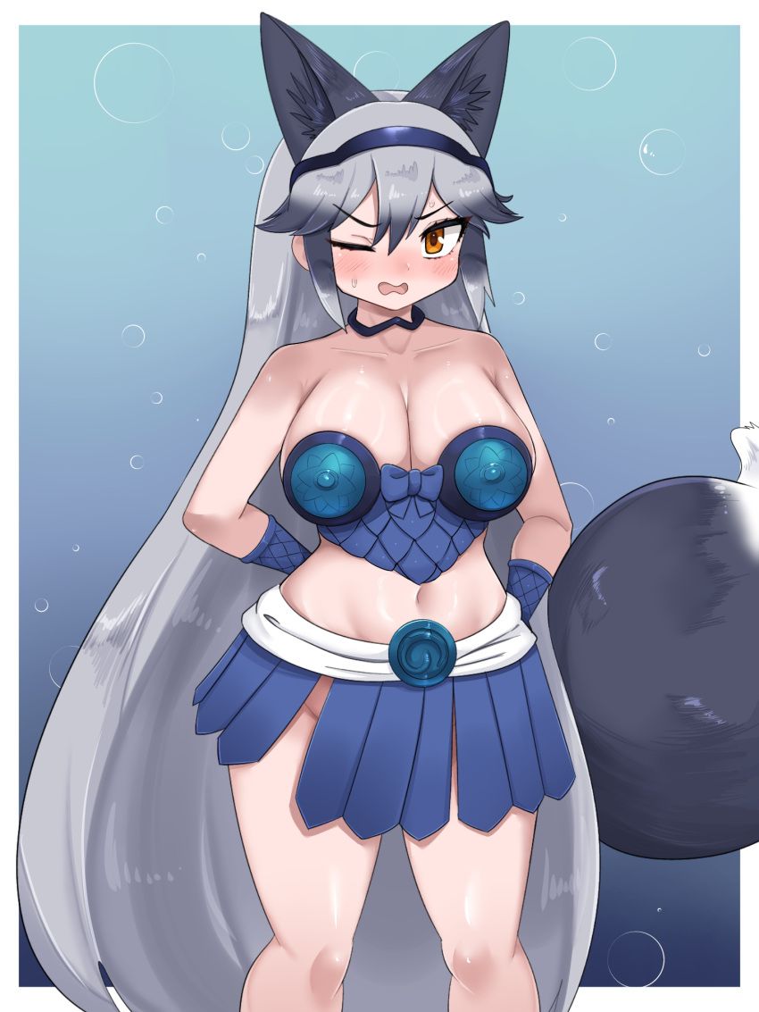 1girl animal_ears aramaru armor bikini_armor black_hair blush breasts coelacanth_(kemono_friends) coelacanth_(kemono_friends)_(cosplay) cosplay fox_ears fox_tail grey_hair highres huge_breasts japari_symbol kemono_friends kemono_friends_3 long_hair looking_at_viewer midriff multicolored_hair navel one_eye_closed open_mouth silver_fox_(kemono_friends) skirt solo tail undersized_clothes