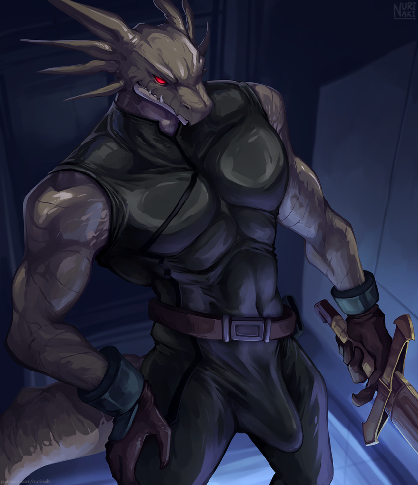 2023 angel_links anthro biped black_bodysuit claws clothed clothing dragon duuz_delax_rex erection erection_under_clothing fangs finger_claws gloves handwear hi_res holding_object holding_sword holding_weapon male melee_weapon muscular muscular_anthro muscular_male nurinaki red_eyes scalie shaded snout solo standing sword tail teeth tenting text url weapon wingless_dragon