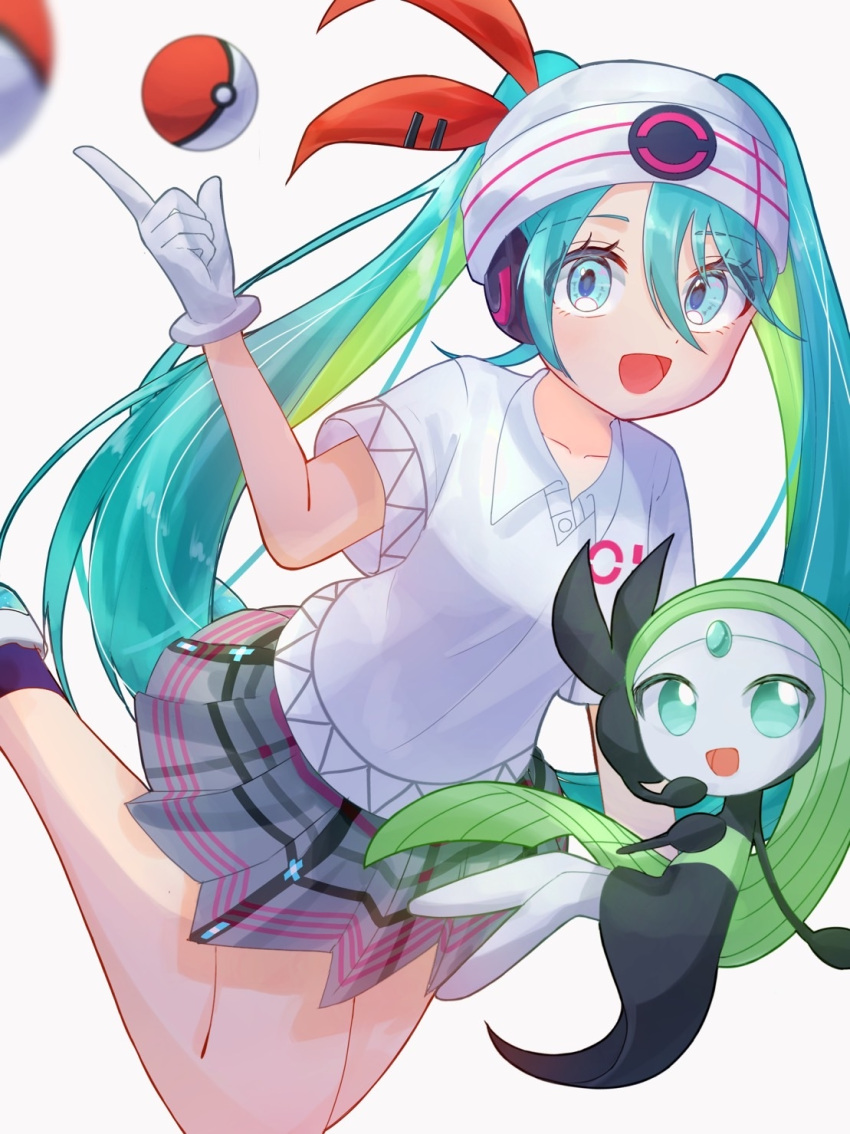 1girl :d beanie collared_shirt commentary_request crossover eyelashes gloves green_hair grey_skirt hair_between_eyes hand_up hat hatsune_miku highres long_hair meloetta open_mouth pleated_skirt poke_ball poke_ball_(basic) pokemon pokemon_(creature) project_voltage shirt shoes skirt smile socks tongue twintails vocaloid white_background white_headwear white_shirt yana_(gsgk0jxuweehcss)