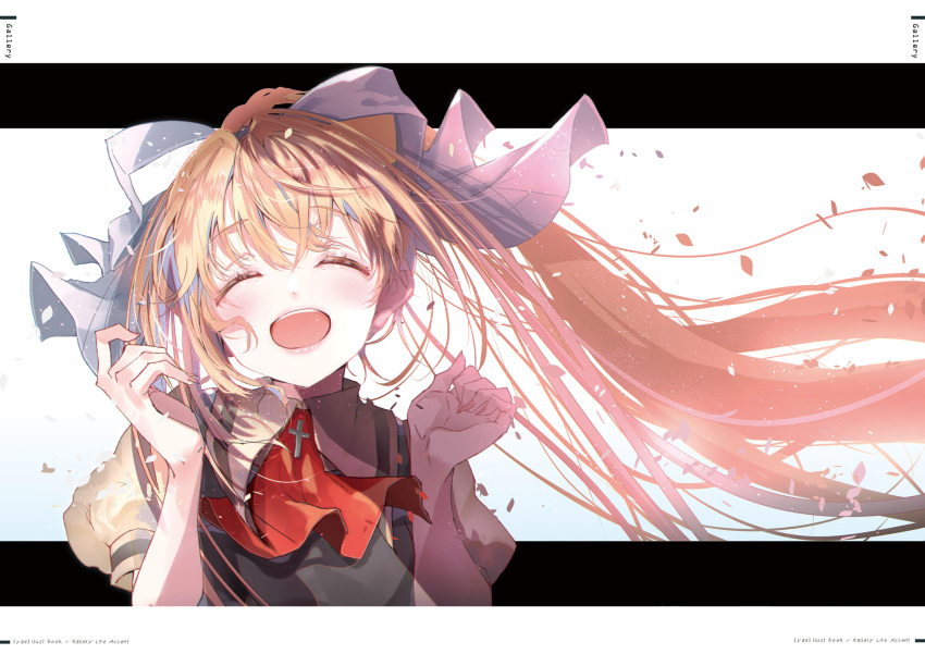 1girl ^_^ air_(visual_novel) artist_name ascot blonde_hair blush border closed_eyes comiket_99 commentary_request cross crossed_bangs facing_viewer falling_petals fingernails floating_hair hair_between_eyes hair_intakes hair_ribbon hands_up happy highres kamio_misuzu lips long_hair open_mouth petals ponytail puffy_short_sleeves puffy_sleeves red_ascot ribbon school_uniform shirt short_sleeves simple_background smile solo straight-on teeth upper_body upper_teeth_only very_long_hair white_background white_border white_ribbon wing_collar yae_(mono110) yellow_shirt