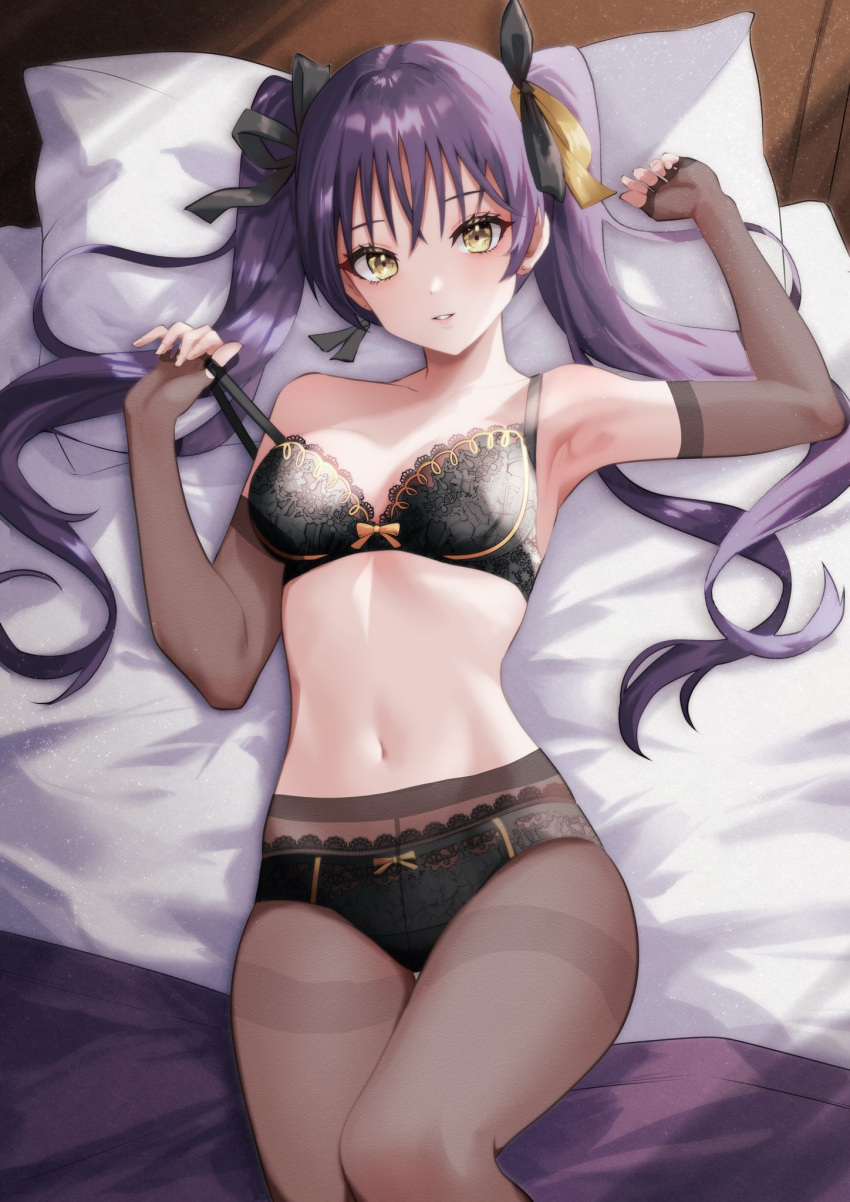 1girl armpits assault_lily bare_shoulders bed black_bra black_panties black_ribbon blanket bow bow_bra bow_panties bra breasts brown_gloves commentary_request cowboy_shot earrings elbow_gloves fingerless_gloves gloves hair_between_eyes hair_ribbon hair_spread_out hands_up highres hishida_haru houji_tea_latte indoors jewelry lace-trimmed_bra lace-trimmed_panties lace_trim light_smile long_hair looking_at_viewer lying medium_breasts navel on_back on_bed panties panties_under_pantyhose pantyhose parted_lips pillow pulled_by_self purple_hair ribbon solo stomach strap_pull stud_earrings thighband_pantyhose twintails underwear underwear_only yellow_bow yellow_eyes