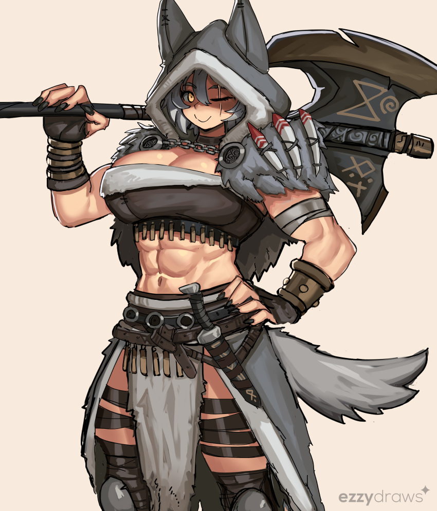 1girl abs absurdres animal_ears axe barbarian black_nails bracelet breasts cleavage crop_top ezzyecchi fingerless_gloves gloves grey_hair hand_on_own_hip highres hood jewelry knife large_breasts looking_at_viewer muscular muscular_female one_eye_closed orange_eyes original over_shoulder pelt scar scar_across_eye signature smile solo tail weapon weapon_over_shoulder wolf_ears wolf_girl wolf_pelt wolf_tail