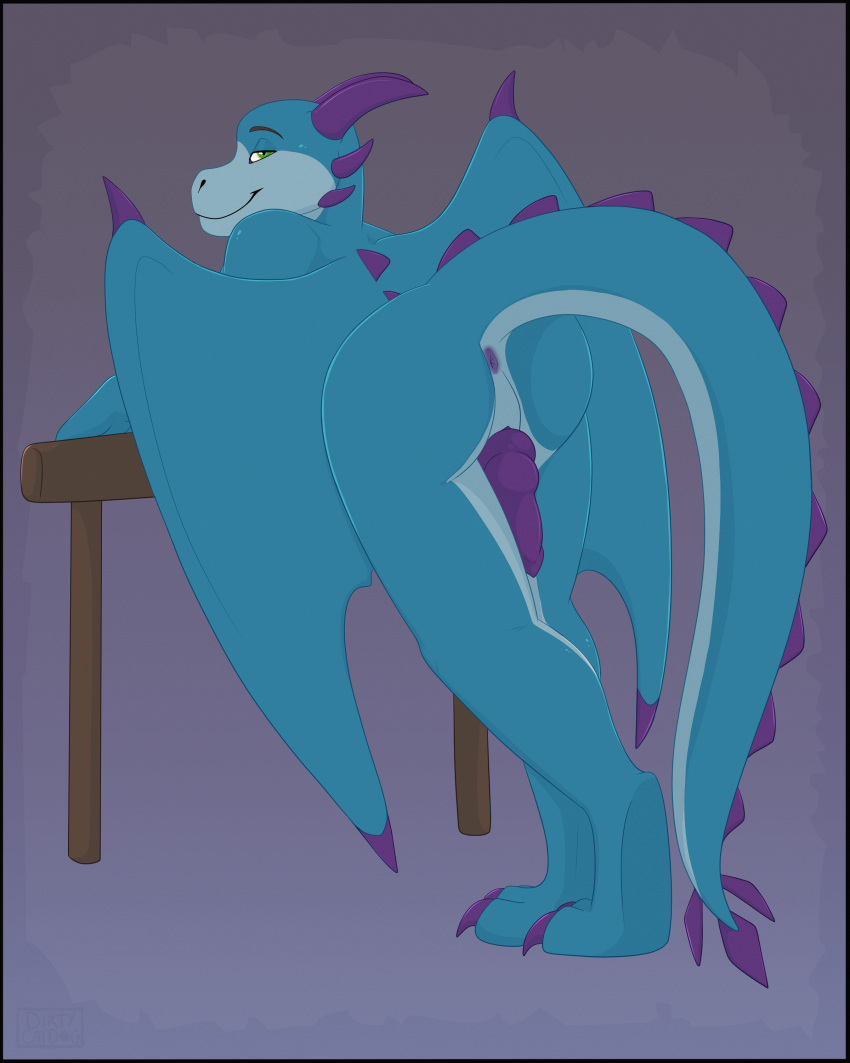 4:5 absurd_res anthro anus blue_body blue_scales dragon ether_(dragon) genitals gothicsiamese green_eyes hi_res horn knot looking_at_viewer looking_back looking_back_at_viewer male multi_genitalia multi_knot penis purple_anus purple_horn purple_penis scales slit solo tail wings