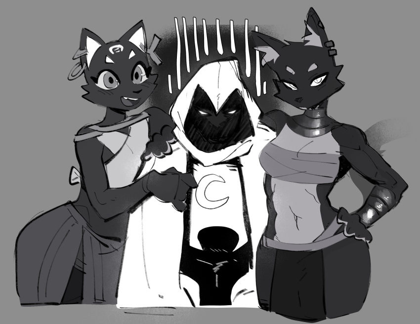 anthro blush clothed clothing female goonie-san group hi_res human looking_at_viewer male mammal monochrome moon_knight open_mouth trio