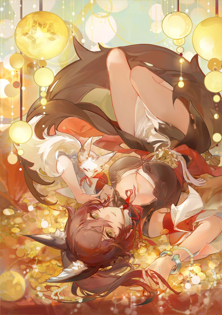 1girl absurdres animal_ear_fluff animal_ears bangs bracelet breasts brown_dress brown_hair cleavage cleavage_cutout closed_mouth clothing_cutout coin commentary_request dress fennec_fox fox fox_ears fox_girl fox_tail full_body gold gold_coin green_eyes highres holding holding_hair honkai:_star_rail honkai_(series) huanyoucai jewelry long_hair looking_at_viewer lying neck_ribbon on_back on_ground pearl_bracelet pelvic_curtain ponytail red_ribbon ribbon sleeveless sleeveless_dress solo tail tingyun_(honkai:_star_rail) upside-down