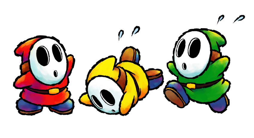 3boys belt black_belt blue_footwear boots green_tunic highres mario_(series) mask multiple_boys official_alternate_color official_art red_tunic shy_guy simple_background white_background yellow_tunic yoshi's_island_ds