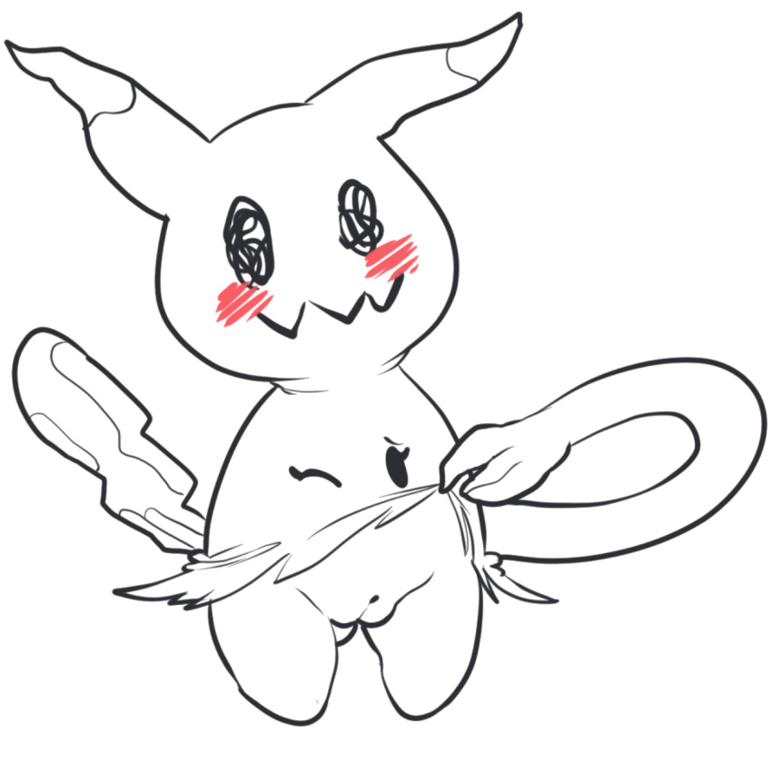1:1 3_fingers anthro blush clothed clothing clothing_lift female fingers generation_7_pokemon genitals hi_res itsunknownanon mimikyu nintendo one_eye_closed pokemon pokemon_(species) pussy simple_background solo standing tagme topwear topwear_lift white_background