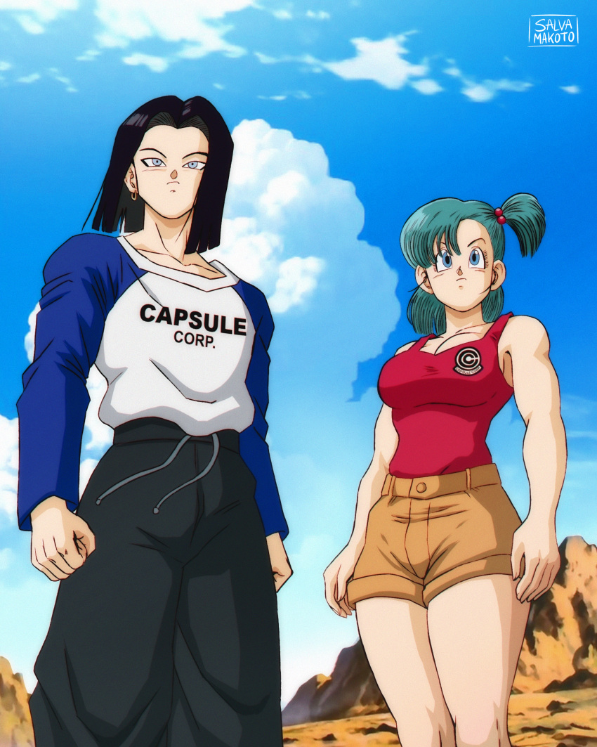 1boy 1girl absurdres android_17 aqua_hair black_hair black_pants blue_eyes breasts brown_shorts bulma capsule_corp cleavage commentary_request cosplay dragon_ball dragon_ball_(classic) dragon_ball_z earrings frown hair_bobbles hair_ornament highres jewelry large_breasts medium_hair one_side_up pants red_tank_top salvamakoto short_shorts shorts spanish_commentary tank_top time_paradox trunks_(dragon_ball) trunks_(future)_(dragon_ball) trunks_(future)_(dragon_ball)_(cosplay)