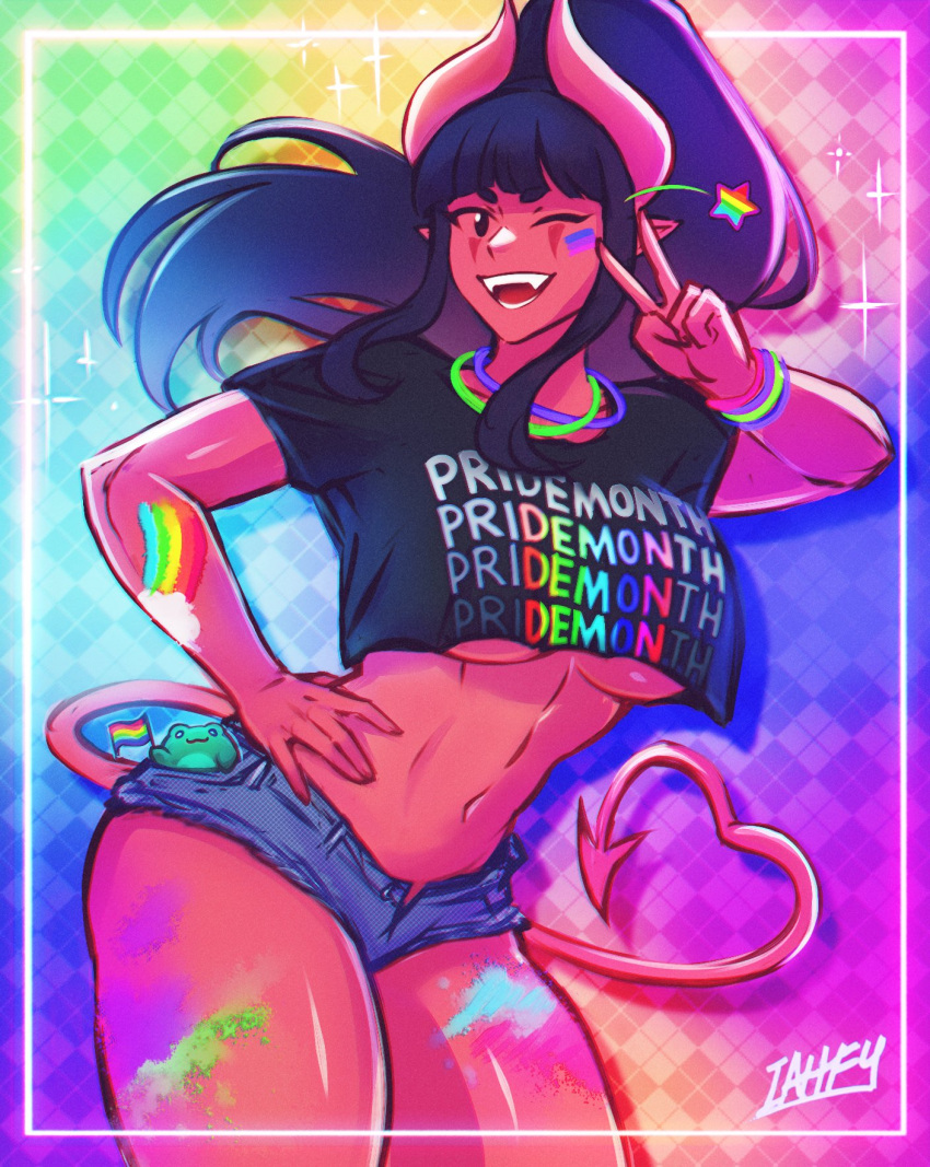 1girl artist_name black_hair blunt_bangs breasts commentary cowboy_shot cropped_shirt demon_girl demon_horns demon_tail denim denim_shorts fangs hand_on_own_hip heart highres horns iahfy large_breasts navel one_eye_closed open_mouth original pointy_ears ponytail pride_month rainbow_flag short_shorts short_sleeves shorts solo star_(symbol) symbol-only_commentary synth_(iahfy) tail teeth tongue underboob v watermark
