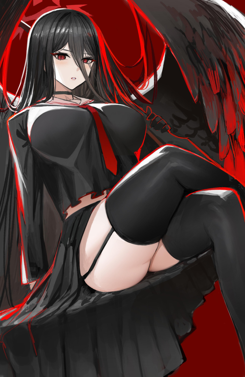 1girl absurdres black_choker black_garter_straps black_hair black_serafuku black_skirt black_thighhighs blue_archive breasts choker crossed_legs feathered_wings garter_straps gun hair_between_eyes hasumi_(blue_archive) highres holding holding_weapon kaki_z3 large_breasts long_bangs long_hair looking_at_viewer necktie pleated_skirt red_background red_eyes red_necktie rifle sailor_collar school_uniform serafuku shirt_overhang sitting skirt solo thighhighs very_long_hair weapon white_sailor_collar wings