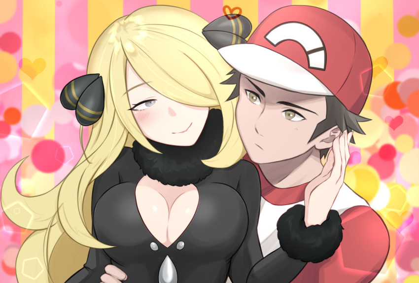 1boy 1girl abstract_background alternate_breast_size baseball_cap blonde_hair blush breasts brown_hair cleavage closed_mouth commentary commission cynthia_(pokemon) emil_as eyelashes fur_collar grey_eyes hair_ornament hair_over_one_eye hand_on_another's_face hand_up hat heart hetero large_breasts long_hair long_sleeves looking_at_another pentagon_(shape) pixiv_commission pokemon pokemon_(game) pokemon_dppt pokemon_sm red_(pokemon) red_headwear shirt smile upper_body
