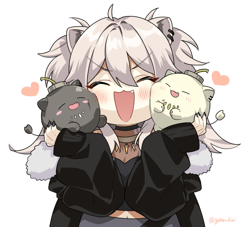 1girl :3 ^_^ animal_ears black_coat black_nails black_shirt blush bomb chibi closed_eyes coat explosive facing_viewer fang fur-trimmed_coat fur_trim grey_hair hair_between_eyes highres hololive lion_ears lion_girl long_hair midriff navel open_clothes open_coat open_mouth otama_(atama_ohanabatake) shirt shishiro_botan shishiro_botan_(1st_costume) simple_background sleeves_past_wrists solo ssrb_(shishiro_botan) twitter_username two_side_up upper_body v-shaped_eyebrows virtual_youtuber white_background