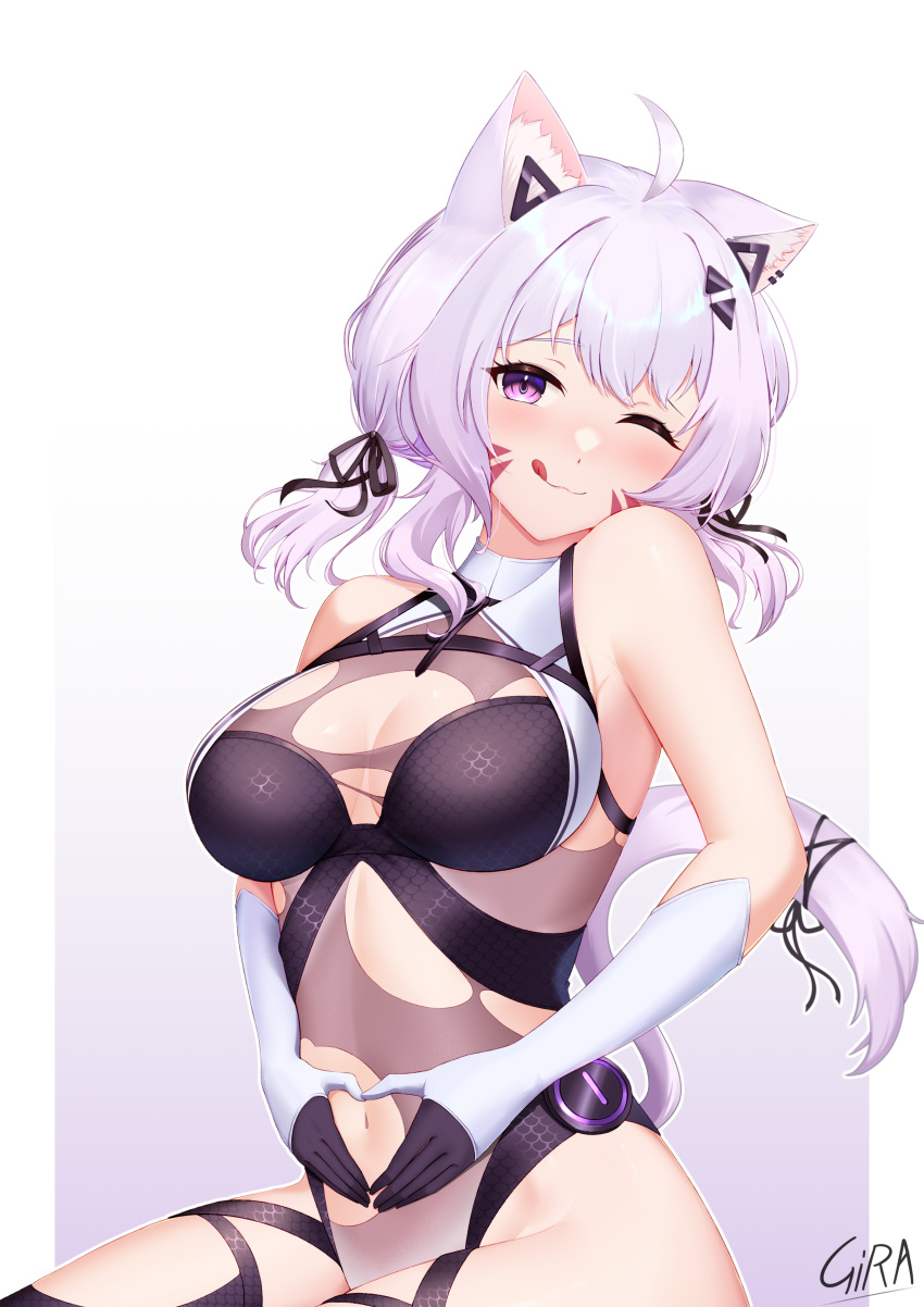 1girl ;3 absurdres ahoge animal_ear_fluff animal_ears artist_name bare_shoulders black_ribbon breasts cat_ears cat_girl cat_tail commission ear_piercing elbow_gloves facial_mark girarikyo gloves hair_ribbon heart heart_hands highres indie_virtual_youtuber leotard navel one_eye_closed piercing purple_eyes purple_hair ribbon shyrei_faolan solo tail tail_ornament tail_ribbon tongue torn_clothes torn_leotard triangle_hair_ornament two-tone_gloves virtual_youtuber