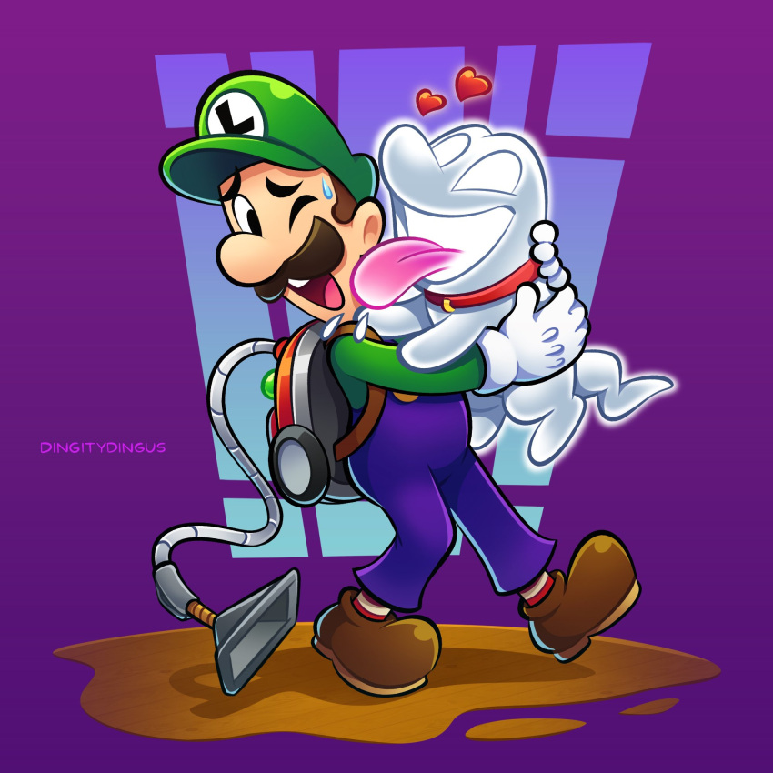 1boy ;d artist_name backpack bag black_eyes blue_overalls blue_pants brown_footwear brown_hair buttons collar commentary dog english_commentary facial_hair full_body ghost gloves green_headwear green_shirt happy hat heart highres licking long_sleeves luigi luigi's_mansion luigi's_mansion:_dark_moon mario_(series) mustache one_eye_closed open_mouth overalls pants poltergust_5000 polterpup purple_background raised_eyebrows red_collar shirt shoes short_hair simple_background smile socks standing striped striped_socks sweatdrop teeth tongue tongue_out upper_teeth_only vacuum_cleaner vinny_(dingitydingus) white_gloves wooden_floor