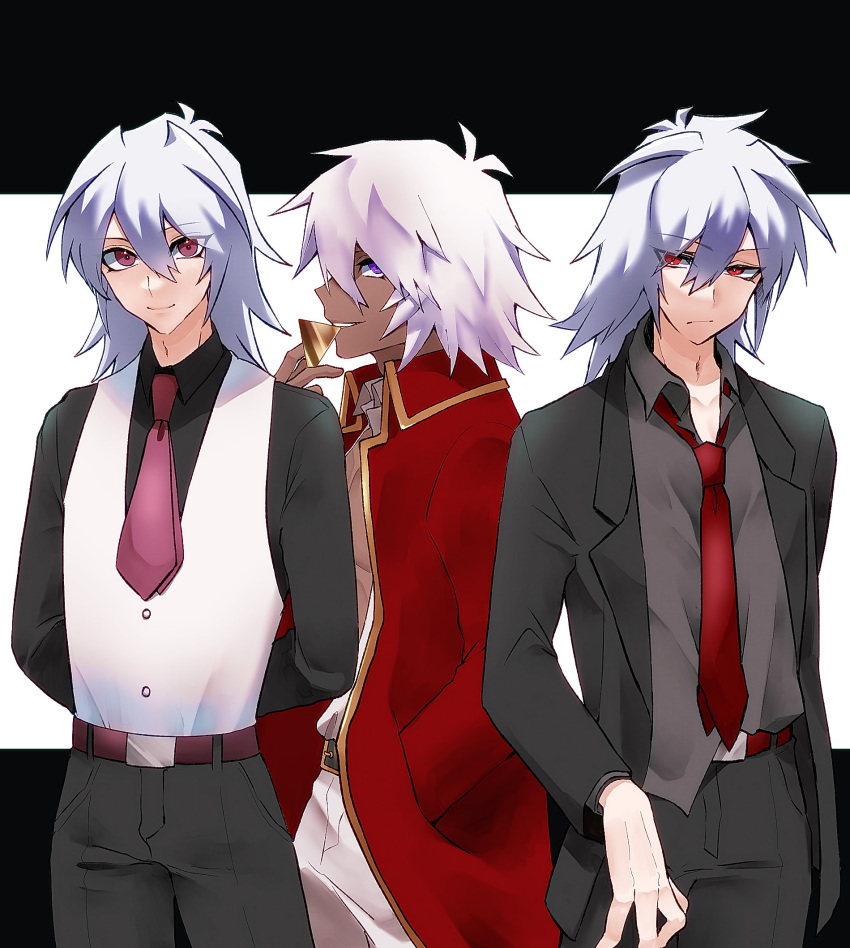 3boys alternate_costume arms_behind_back bakura_ryou belt black_background black_jacket black_pants black_shirt blazer brown_belt buttons closed_mouth coat collared_shirt commentary_request cowboy_shot dark-skinned_male dark_skin expressionless grey_shirt grin hand_in_pocket highres jacket kitui_aaa long_bangs long_hair looking_at_viewer male_focus multiple_boys necktie open_clothes open_jacket pants profile purple_eyes red_belt red_coat red_eyes red_necktie shirt smile suit touzokuou_bakura two-tone_background vest white_hair white_vest yami_bakura yu-gi-oh! yu-gi-oh!_duel_monsters