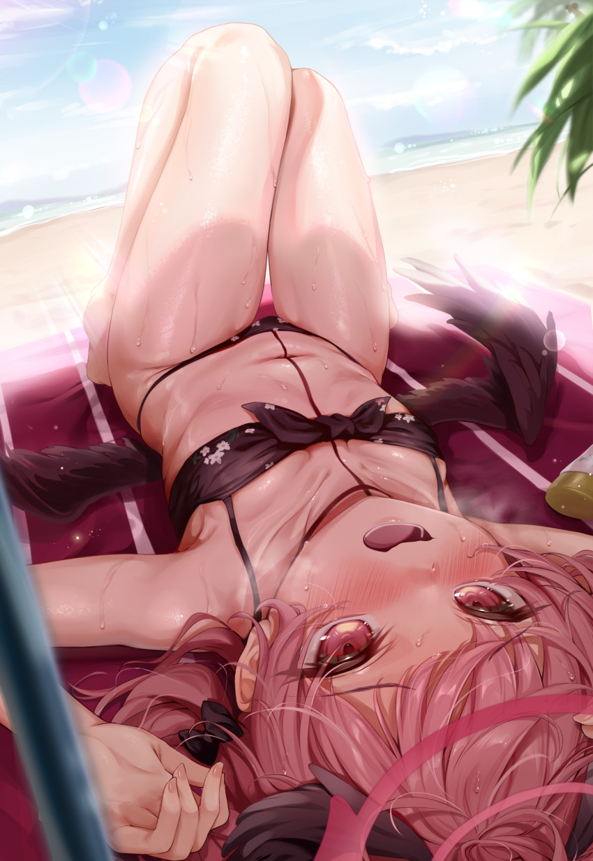 1girl bare_arms bare_legs bare_shoulders beach beach_umbrella bikini black_bikini black_bow black_wings blue_archive blush bow breasts commentary_request day feathered_wings floral_print from_above hair_bow halo head_wings heavy_breathing highres horizon koharu_(blue_archive) koharu_(swimsuit)_(blue_archive) kokuto_(kurousagi1210) long_hair looking_at_viewer low_twintails low_wings lying ocean official_alternate_costume on_back open_mouth outdoors palm_tree pink_eyes pink_hair print_bikini revision sand sky small_breasts solo stomach sweat swimsuit tree twintails umbrella water wet wings