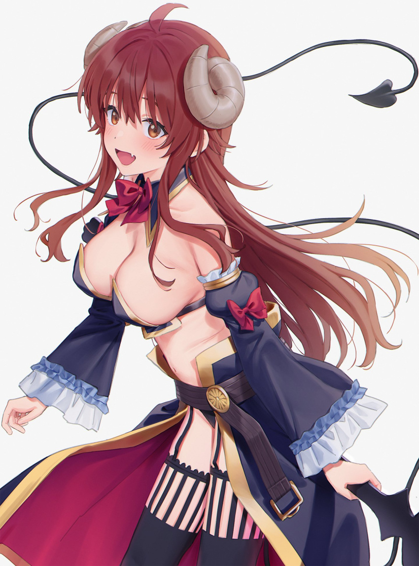 1girl ahoge bare_shoulders black_thighhighs blush bow bowtie breasts brown_eyes cleavage crisis_management_form_(machimazo) curled_horns demon_girl demon_horns demon_tail detached_collar detached_sleeves fang frilled_sleeves frills garter_straps heart heart_tail highres horns kirara_fantasia large_breasts long_hair looking_at_viewer machikado_mazoku mikazuchi_zeus navel open_mouth puffy_sleeves red_bow red_bowtie red_hair revealing_clothes skin_fang solo standing tail thighhighs waist_cape white_background yoshida_yuuko_(machikado_mazoku)