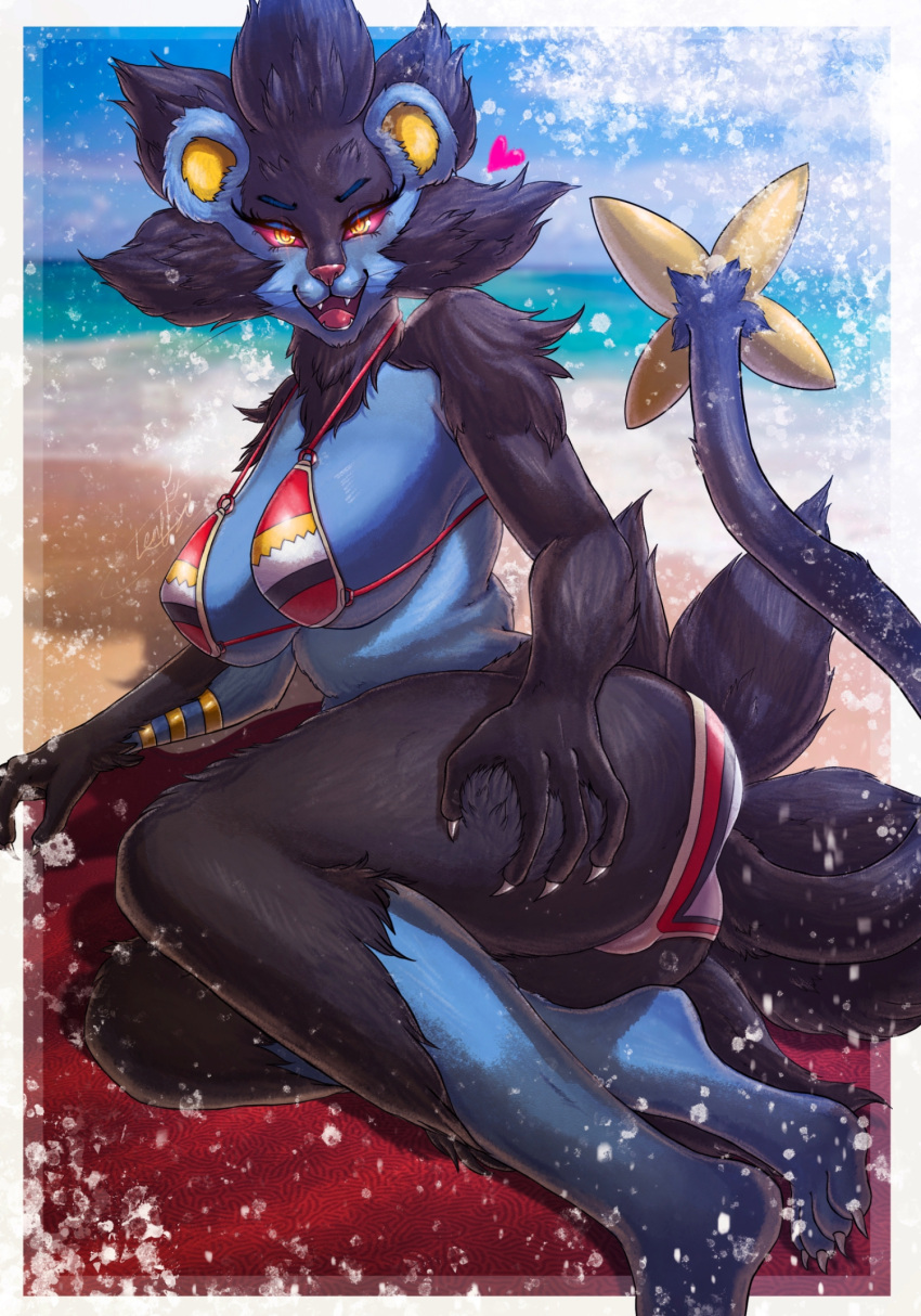 beach big_breasts big_butt bikini black_body black_fur blue_body blue_fur breasts butt clothing domestic_cat felid feline felis female fur generation_4_pokemon hi_res huge_breasts lent_si luxray mammal nintendo pokemon pokemon_(species) red_eyes seaside sexy_eyes solo swimwear teeth