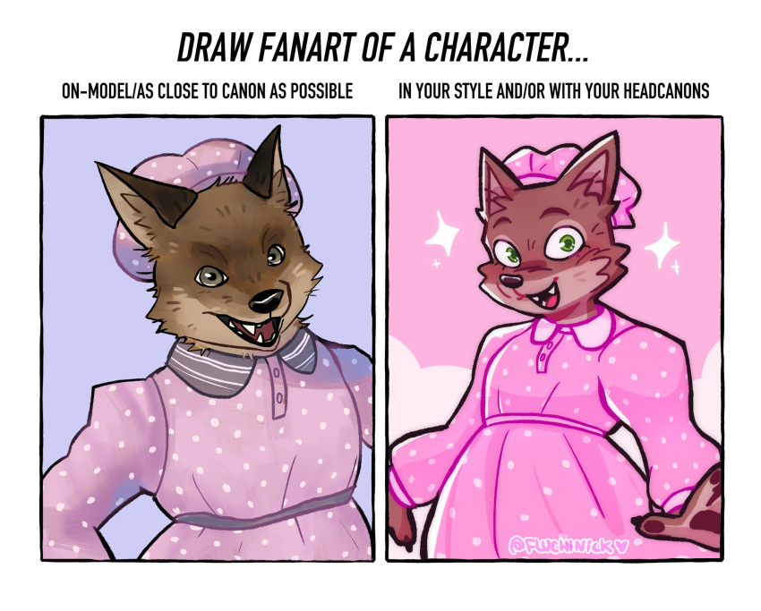 1boy animal_ears big_bad_wolf big_bad_wolf_(grimm) brown_eyes crossdressing draw_fanart_challenge dress english_text fluchinick furry furry_male green_eyes highres long_sleeves looking_at_viewer male_focus official_style open_mouth pink_dress pink_headwear polka_dot polka_dot_dress polka_dot_headwear shrek_(series) smile wolf wolf_boy wolf_ears wolf_paws