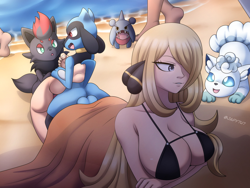 absurd_res alolan_form alolan_vulpix ass_to_ass balls beach big_breasts blonde_hair blue_body blue_eyes breasts butt canid canine canis clothed clothing cynthia_(pokemon) female female_penetrated feral fox fur generation_4_pokemon generation_5_pokemon generation_7_pokemon genitals gible group hair hi_res interspecies japy7u7 knotting male male/female male_penetrating male_penetrating_female mammal multi_tail nintendo nude open_mouth penetration pokemon pokemon_(species) pokemon_champion pokemon_trainer pokephilia public regional_form_(pokemon) riolu sand seaside sex smile stealth_sex tail white_body white_fur zorua