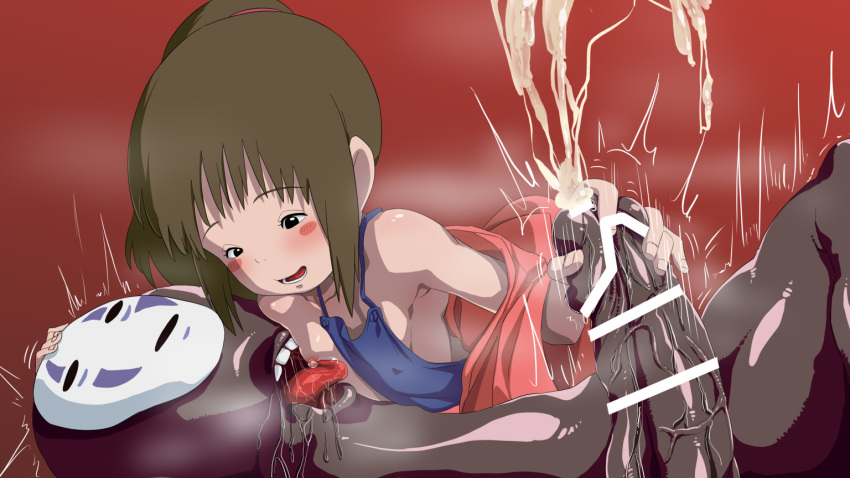 16:9 blush blush_stickers brown_hair duo ejaculation female ghibli hair handjob human male male/female mammal monster no_face_(character) ogino_chihiro penile red_background rom_(20) sex simple_background spirit spirited_away tongue tongue_out widescreen young