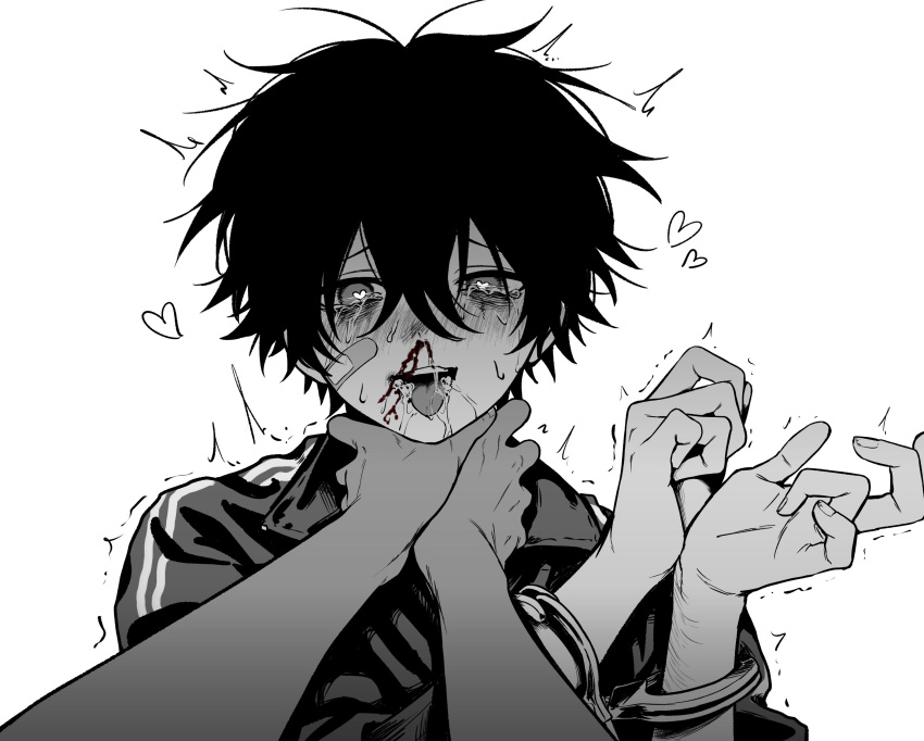 1boy 1other absurdres bags_under_eyes bandage_on_face bandages black_hair blood blush commentary crying crying_with_eyes_open cuffs drooling furrowed_brow greyscale hair_between_eyes handcuffs hands_up heart heart-shaped_pupils highres imai_akira looking_at_viewer male_focus messy_hair monochrome nosebleed open_mouth original pov pov_hands simple_background smile snot solo_focus spot_color strangling symbol-only_commentary symbol-shaped_pupils tears teeth tongue trembling upper_body upper_teeth_only white_background wrist_cutting