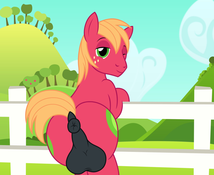 anus backsack badumsquish balls big_macintosh_(mlp) earth_pony equid equine fence feral freckles friendship_is_magic fur genitals green_eyes hasbro hi_res hill horse leaning male mammal my_little_pony one_eye_closed plant pony puffy_anus quadruped red_body red_fur tree wink