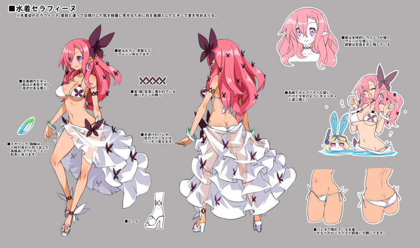 1girl 2girls animal_ears arm_strap ass asymmetrical_bangs bad_link bikini blonde_hair bow bracelet breasts bright_pupils butt_crack choker closed_eyes disgaea disgaea_rpg earrings fake_animal_ears fang full_body grey_background hair_between_eyes hair_bow hair_ornament hairclip high_heels highres jewelry large_breasts long_hair looking_at_viewer multiple_girls multiple_views official_art open_mouth partially_submerged pink_hair pointy_ears purple_eyes rabbit_ears red_eyes reference_sheet sarong seraphina_(disgaea) short_hair simple_background smile snorkel standing swimsuit text_focus turnaround usalia_(disgaea) w_arms water white_bikini white_footwear