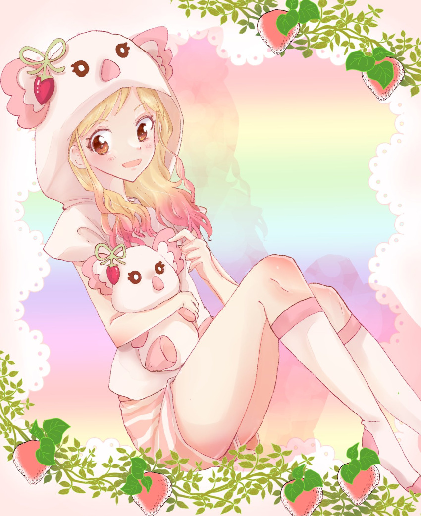 1girl aikatsu!_(series) aikatsu_stars! animal_hood food fruit gradient_hair highres hood kneehighs koala multicolored_hair nijino_yume orange_eyes qtg_ae rainbow_background shorts smile socks solo strawberry stuffed_toy sweetie_berry