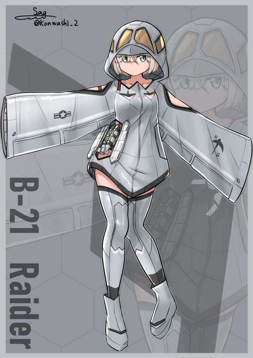 1girl absurdres aircraft airplane b-21_raider blonde_hair blue_eyes bomb bomber boots breasts character_name clothing_cutout dress explosive full_body grey_dress grey_footwear grey_thighhighs highres hood hood_up hooded_dress mecha_musume military_vehicle original personification roundel short_dress short_hair shoulder_cutout side_cutout sleeves_past_fingers sleeves_past_wrists small_breasts standing teisei_sagishi thighhighs united_states_air_force very_long_sleeves wide_sleeves zoom_layer