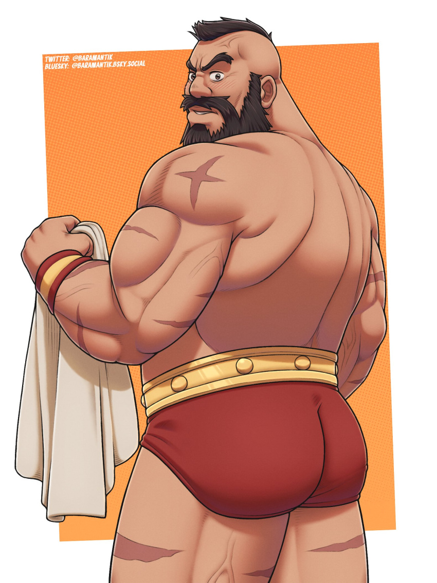 1boy ass bara baramantik forked_eyebrows from_behind full_beard highres looking_at_viewer looking_back male_focus mature_male mohawk muscular muscular_male old old_man scar_on_shoulder short_hair solo standing street_fighter street_fighter_6 strongman_waist thick_beard thick_mustache thick_thighs thighs topless_male two-tone_background veins veiny_face veiny_thighs wrinkled_skin zangief