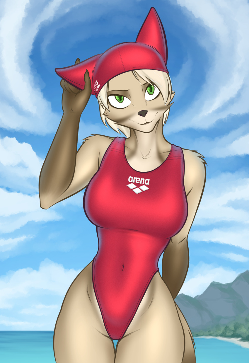 absurd_res anthro big_breasts black_nose breasts brown_body brown_fur brown_hair c91 canid canine canis clothing female fur green_eyes hair hi_res looking_at_viewer mammal one-piece_swimsuit outside sea sky smile solo standing swimming_cap swimwear water wolf