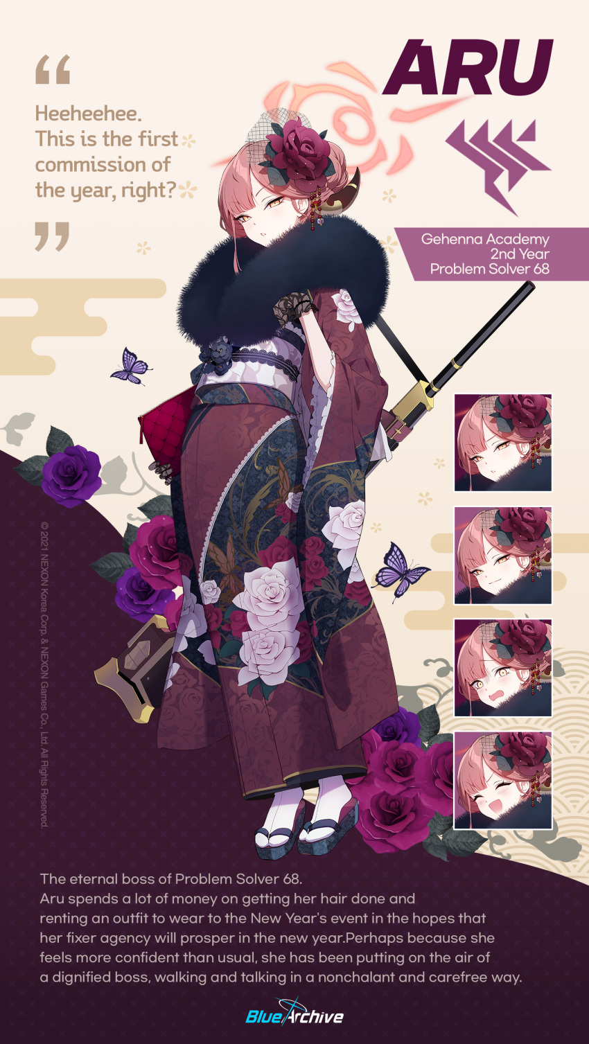 1girl absurdres aru_(blue_archive) aru_(new_year)_(blue_archive) black_gloves blue_archive closed_eyes demon_horns doremi expressions floral_print flower full_body fur-trimmed_kimono fur_collar fur_trim gloves gun hair_bun hair_flower hair_ornament halo highres horns japanese_clothes kimono lace lace-trimmed_gloves lace_gloves lace_trim logo looking_at_viewer multiple_views obi official_alternate_costume official_art open_mouth over_shoulder parted_lips pink_hair platform_footwear print_kimono promotional_art red_kimono sash shaded_face single_hair_bun smile socks sweat tabi weapon weapon_over_shoulder white_socks wide_sleeves yellow_eyes