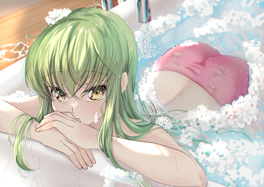 1girl absurdres ass back bathing bathtub bikini blush budgiepon c.c. code_geass commentary covering_mouth crossed_arms crossed_bangs day dutch_angle eyelashes eyes_visible_through_hair floating_hair green_hair hair_between_eyes hair_over_shoulder hair_spread_out highres indoors long_hair looking_at_viewer lying on_stomach partially_submerged pink_bikini sidelocks soap_bubbles solo straight_hair swimsuit upturned_eyes very_long_hair water water_stream wet wet_clothes wet_hair wet_swimsuit yellow_eyes