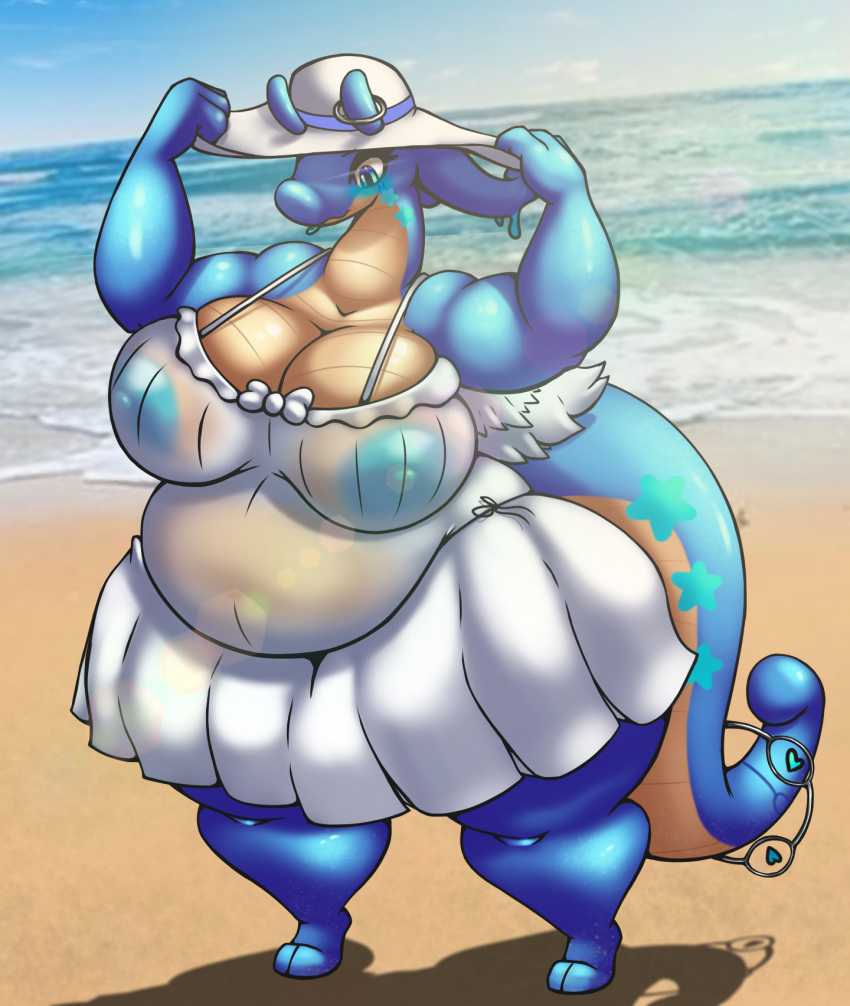 &lt;3 2_toes anthro beach belly big_breasts blue_body blue_eyes blue_nipples blush breasts clothed clothing dragon dress eyelashes feathered_wings feathers feet female generation_6_pokemon goo_creature goodra hat headgear headwear hi_res high-angle_view holding_clothing holding_hat holding_headgear holding_headwear holding_object navel nintendo nipples overweight overweight_female pokemon pokemon_(species) ring sea seaside sky solo star summer summer_dress summer_hat thick_thighs toes translucent translucent_clothing water wet wet_clothing white_clothing white_dress wings z_dragon