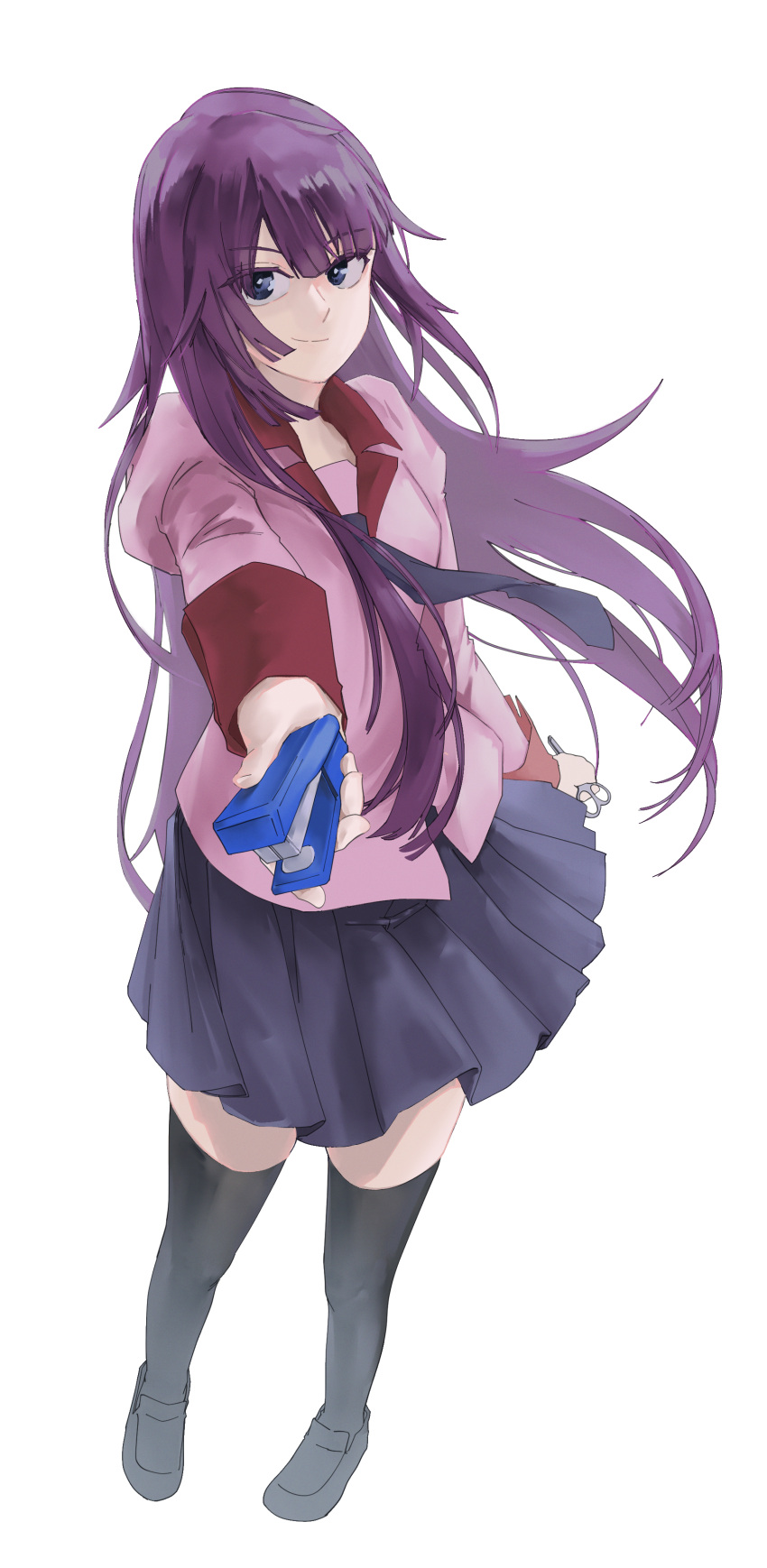 1girl absurdres bakemonogatari black_footwear black_thighhighs blue_eyes blue_necktie blue_skirt breasts closed_mouth commentary full_body haang10270 highres holding juliet_sleeves long_hair long_sleeves looking_at_viewer monogatari_(series) naoetsu_high_school_uniform necktie outstretched_arm pink_shirt pleated_skirt puffy_sleeves purple_hair school_uniform scissors senjougahara_hitagi shirt sidelocks simple_background skirt smile solo stapler symbol-only_commentary thighhighs white_background