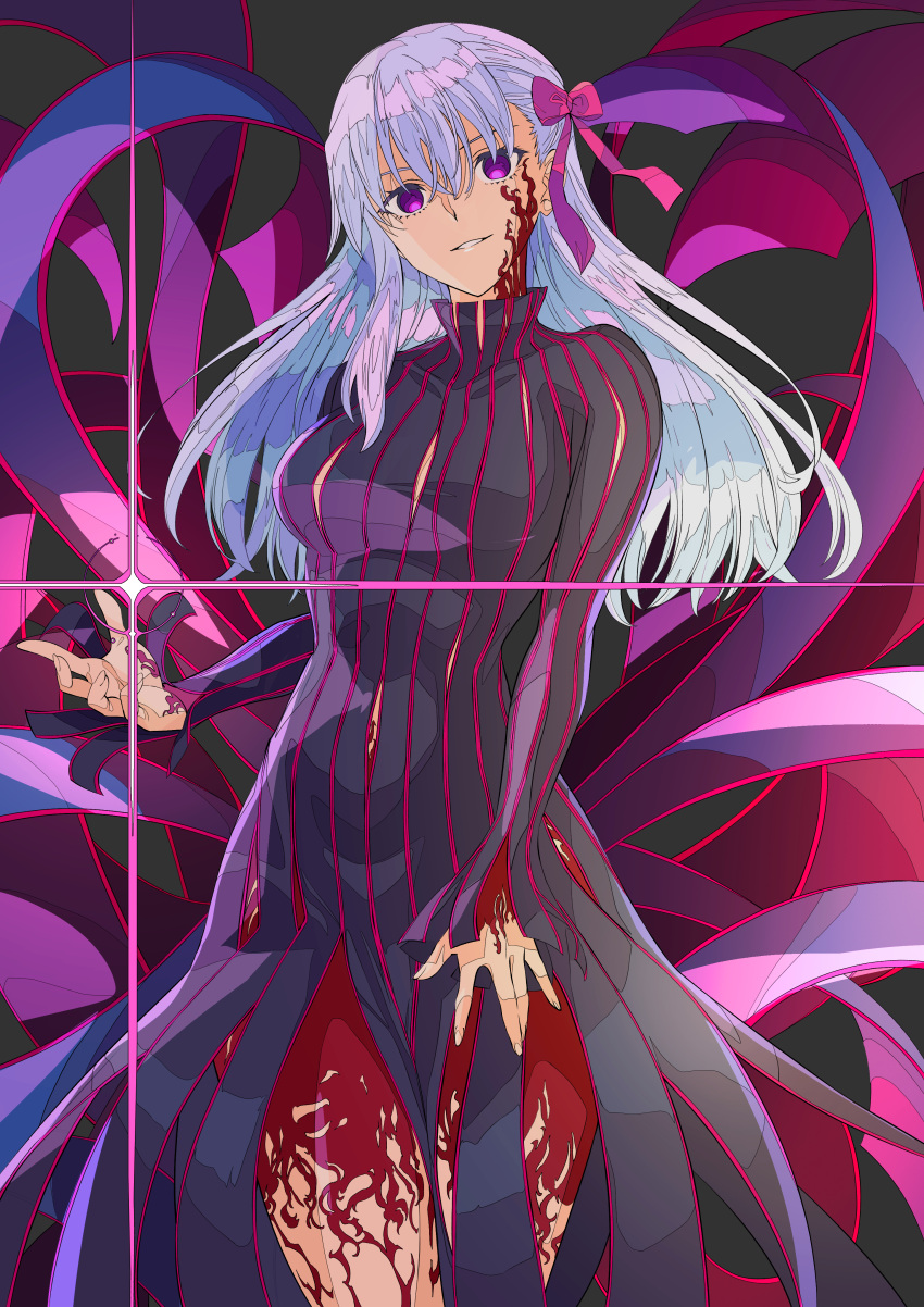 1girl absurdres black_dress body_markings breasts corruption dark_persona dark_sakura dress fate/stay_night fate_(series) grin hair_between_eyes hair_ribbon heaven's_feel highres light_purple_hair long_hair looking_at_viewer matou_sakura medium_breasts purple_eyes purple_hair purple_ribbon red_eyes ribbon smile solo striped striped_dress vertical-striped_dress vertical_stripes xtango