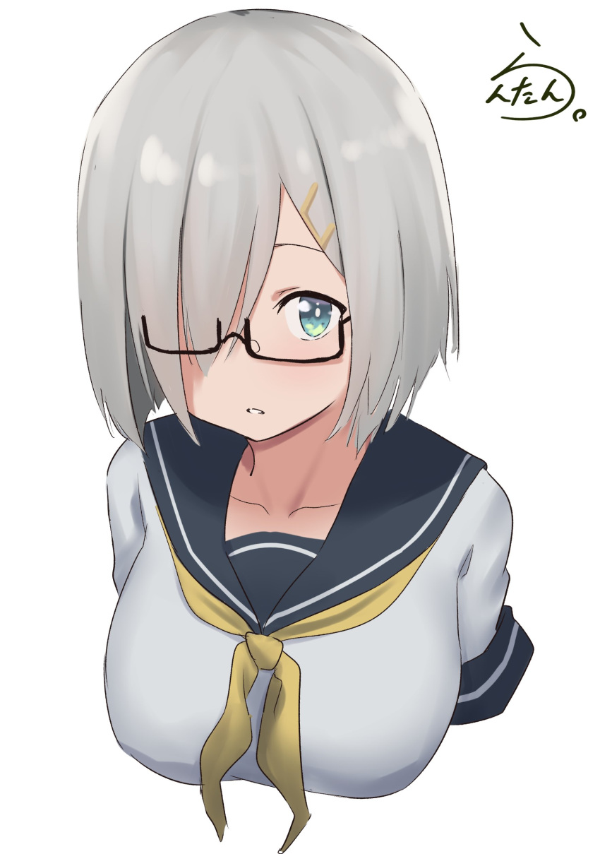 1girl absurdres bespectacled blue_eyes blush breasts glasses grey_hair grey_sailor_collar hair_ornament hair_over_one_eye hairclip hamakaze_(kancolle) highres kantai_collection lanthan large_breasts looking_at_viewer neckerchief sailor_collar school_uniform serafuku short_hair short_sleeves sign simple_background solo upper_body white_background yellow_neckerchief